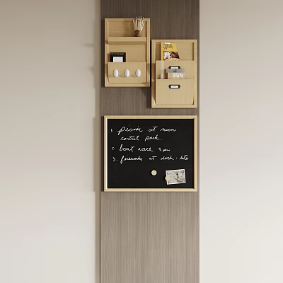 Wall Mounted Organizer With Chalkboard Wooden Drawers And Handwritten Notes Card 3d model