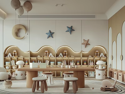 Cozy Modern Playroom Interior With Bookshelves Table Stools And Star Decor 3d model