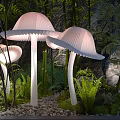 Mushroom Shaped Outdoor Lights Illuminating Garden With Bamboo Green Plants And Stones