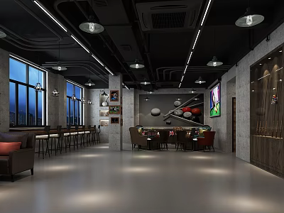 Modern Billiard Room Interior Design With Pool Table Lighting Fixtures And Comfortable Seating 3d model