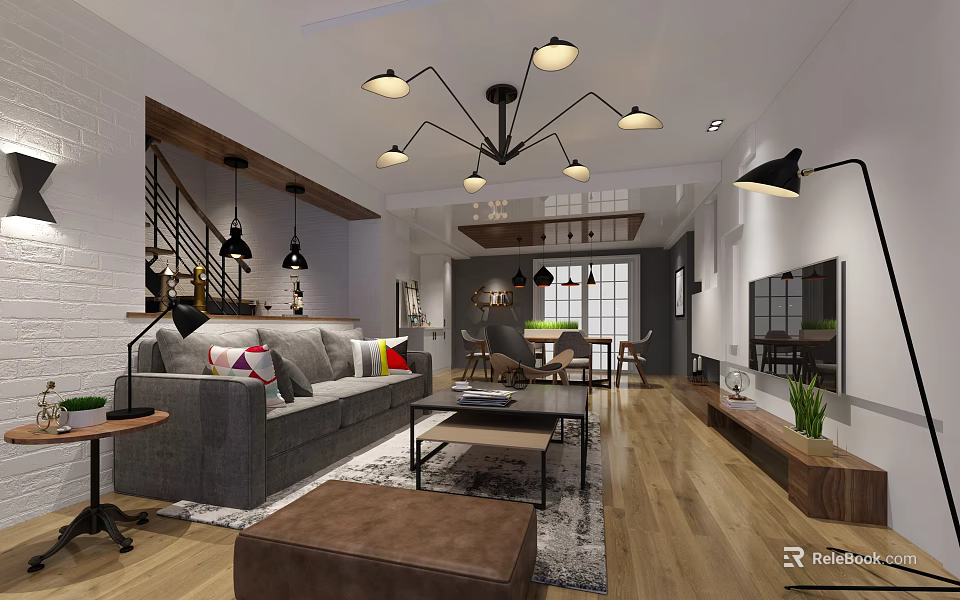 Modern Industrial Open Plan Living And Dining Room With Cozy Sofa And Warm Wooden Flooring 3d model 
