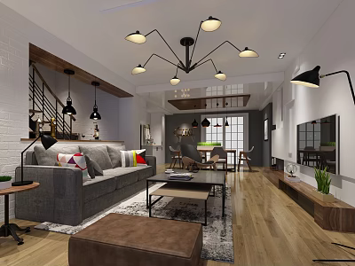 Modern Industrial Open Plan Living And Dining Room With Cozy Sofa And Warm Wooden Flooring 3d model