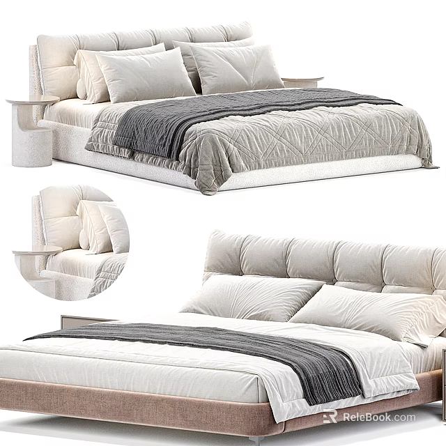Double Bed With Upholstered Headboard Plush Pillows Cozy Gray Throw Blanket And Minimalist Nightstand 3d model 
