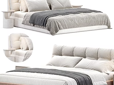 Double Bed With Upholstered Headboard Plush Pillows Cozy Gray Throw Blanket And Minimalist Nightstand 3d model