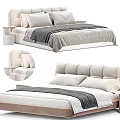 Double Bed With Upholstered Headboard Plush Pillows Cozy Gray Throw Blanket And Minimalist Nightstand