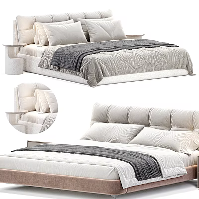 Double Bed With Upholstered Headboard Plush Pillows Cozy Gray Throw Blanket And Minimalist Nightstand 3d model