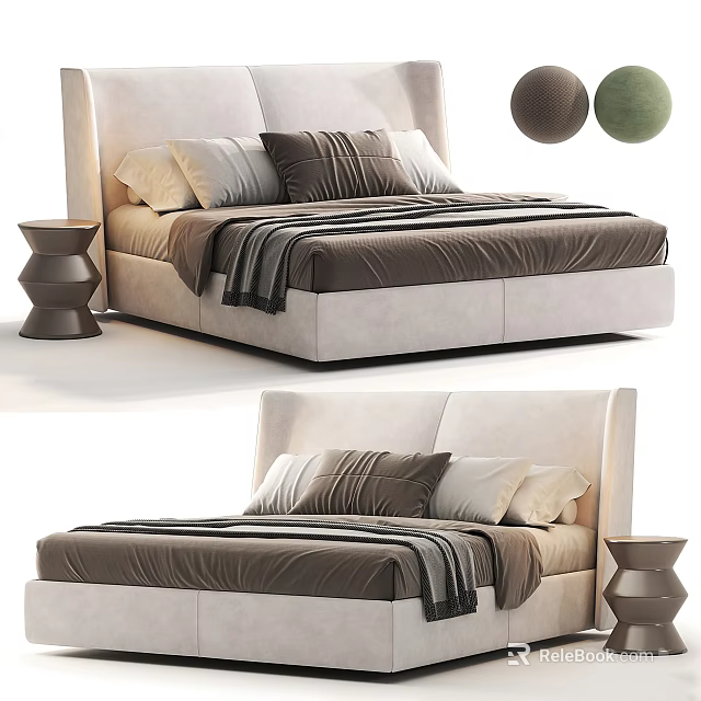 Modern Double Bed Design With Upholstered Headboard Pillows Blanket And Nightstand 3d model 