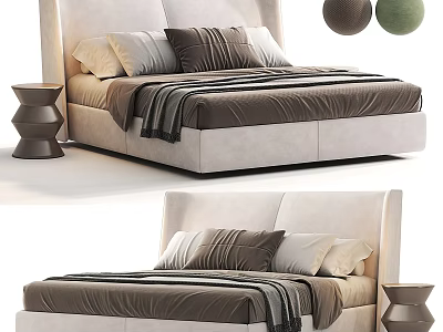 Modern Double Bed Design With Upholstered Headboard Pillows Blanket And Nightstand 3d model