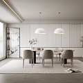 Modern Restaurant Interior Featuring White Dining Table Chairs Pendant Lights Large Windows Rug And Plant
