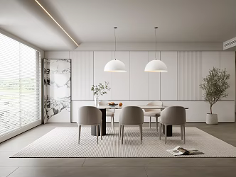 Modern Restaurant Simple Dining Table and Chair Chandelier Accessories Ornaments Dining Table Venetian Blinds Green Plant Potted Plant 3d model