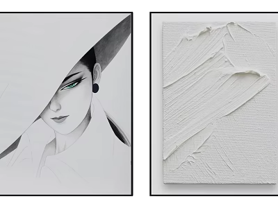 Black And White Female Portrait With Wide Brim Hat And Textured White Abstract Painting 3d model