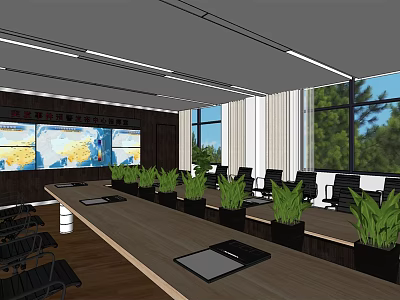 Modern Conference Room Interior With Long Table Green Plants Multiple Screens And Windows 3d model