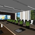 Modern Conference Room Interior With Long Table Green Plants Multiple Screens And Windows