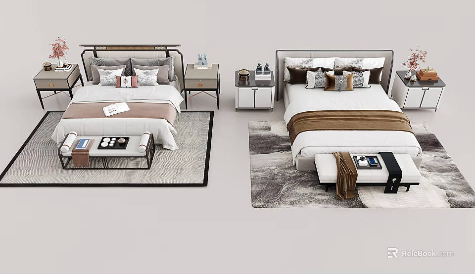 Modern Double Bed Interior With Bedside Tables Rugs And Decorative Pillows 3d model