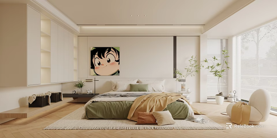 Modern Bedroom Interior With Green Quilt Pillows White Cabinets Cartoon Painting Plants And Blinds 3d model 