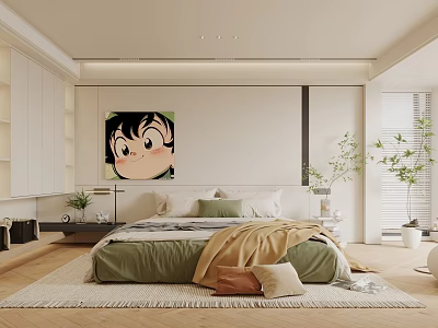 Modern Bedroom Interior With Green Quilt Pillows White Cabinets Cartoon Painting Plants And Blinds 3d model