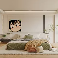 Modern Bedroom Interior With Green Quilt Pillows White Cabinets Cartoon Painting Plants And Blinds