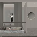 Modern Interior Design With Stylish Partition Fireplace Round Mirror And Comfortable Sofa 3d model