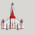 Red And White Futuristic Spaceship Flying In Blue Sky With Sleek Design