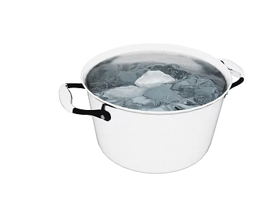 White Cooking Pot With Black Handles Containing Ice Cubes And Water 3d model