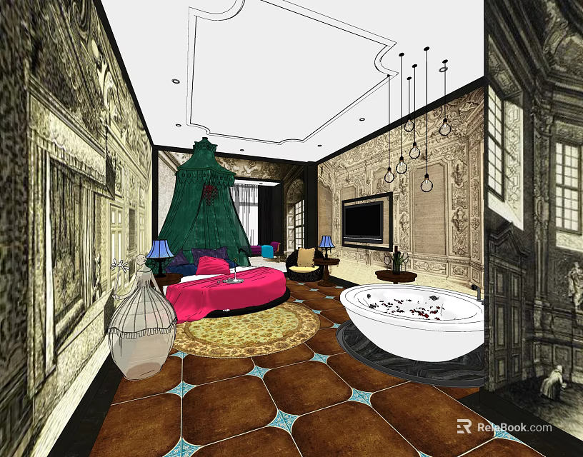 Hotel Guest Room Interior With Green Canopy Bed Pink Sofa Round Bathtub And Decorative Wallpaper 3d model 