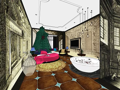 Hotel Guest Room Interior With Green Canopy Bed Pink Sofa Round Bathtub And Decorative Wallpaper 3d model
