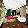 Hotel Guest Room Interior With Green Canopy Bed Pink Sofa Round Bathtub And Decorative Wallpaper