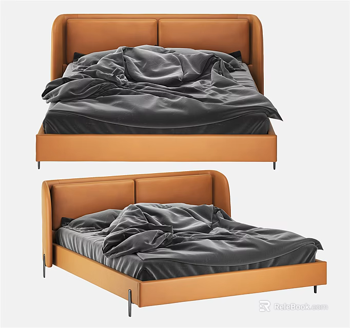 Modern Double Bed Design With Orange Upholstered Headboard And Gray Bedding 3d model