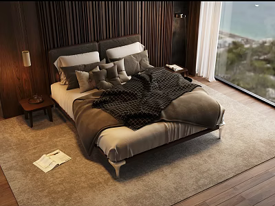 Cozy Double Bed with Gray White Pillows Dark Blanket Wooden Wall Paneling and Sea View 3d model