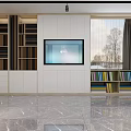 Modern Showroom Interior With Cabinets Display Shelves TV Screen Bookshelves And Marble Floor