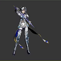 Fantasy Armored Character in Blue White Armor With Long Spear And Ornate Decorations