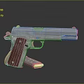 Silver Pistol With Red Wooden Grip And Magazine On Black Background