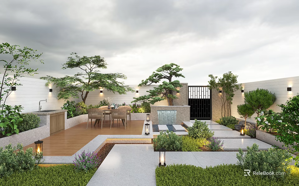 Japanese Courtyard Garden With Seating Area Water Feature Pine Trees And Lighting 3d model 
