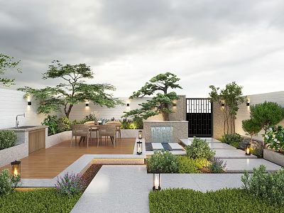 Japanese Courtyard Garden With Seating Area Water Feature Pine Trees And Lighting 3d model