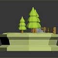 Green Pine Trees Decorative 3D Model Scene on Hexagonal Platform with Wooden Fence