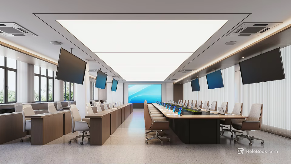Modern Conference Room Interior Design With Long Table Multiple Screens White Chairs And Large Windows 3d model 