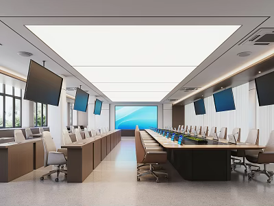 Modern Conference Room Interior Design With Long Table Multiple Screens White Chairs And Large Windows 3d model