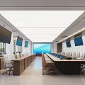 Modern Conference Room Interior Design With Long Table Multiple Screens White Chairs And Large Windows