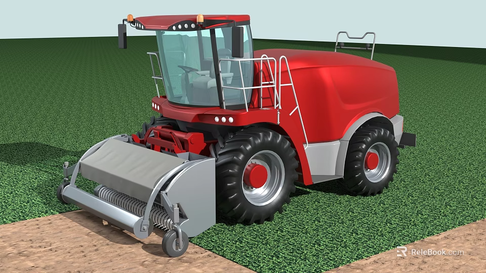 Red Agricultural Tractor With Large Tires Working In Green Crop Field 3d model 