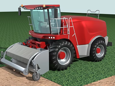 Red Agricultural Tractor With Large Tires Working In Green Crop Field 3d model