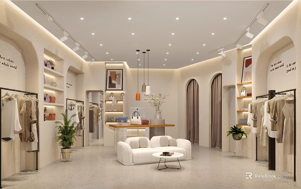 Modern Clothing Store Interior With Clothing Racks White Sofa Plants Shelves And Pendant Lights 3d model 