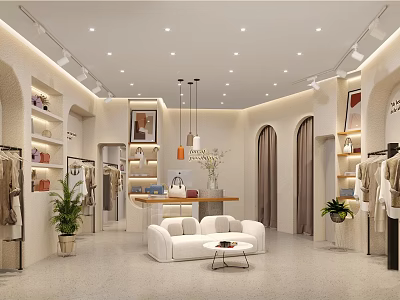 Modern Clothing Store Interior With Clothing Racks White Sofa Plants Shelves And Pendant Lights 3d model