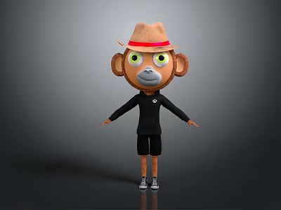 Monkey Game Movie Character With Brown Hat Green Eyes Black Shirt Black Shorts Gray Shoes 3d model