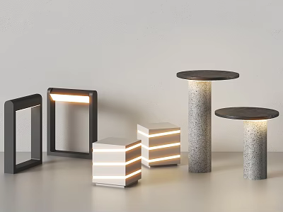 Modern Outdoor Lights Featuring Square And Cylindrical Designs With Metal Frames And Stone Bases 3d model