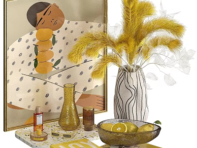 Decorative Ornament Set with Artwork Yellow Feather Plant Striped Vase Golden Bottle and Lemon Bowl 3d model
