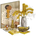 Decorative Ornament Set with Artwork Yellow Feather Plant Striped Vase Golden Bottle and Lemon Bowl