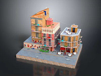 Colorful Miniature Building Models With Balconies Shop Fronts And Outdoor Seating Areas 3d model
