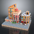 Colorful Miniature Building Models With Balconies Shop Fronts And Outdoor Seating Areas