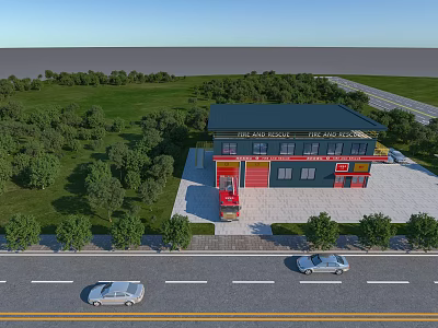 Fire Station Exterior With Surrounding Greenery Trees Road And Cars 3d model