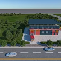 Fire Station Exterior With Surrounding Greenery Trees Road And Cars